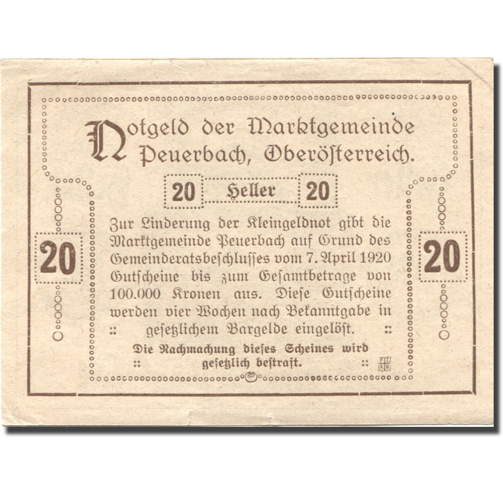Banknote, Austria, Peuerbach, 20 Heller, village, 1920 UNC(63) Mehl:FS 741IIa