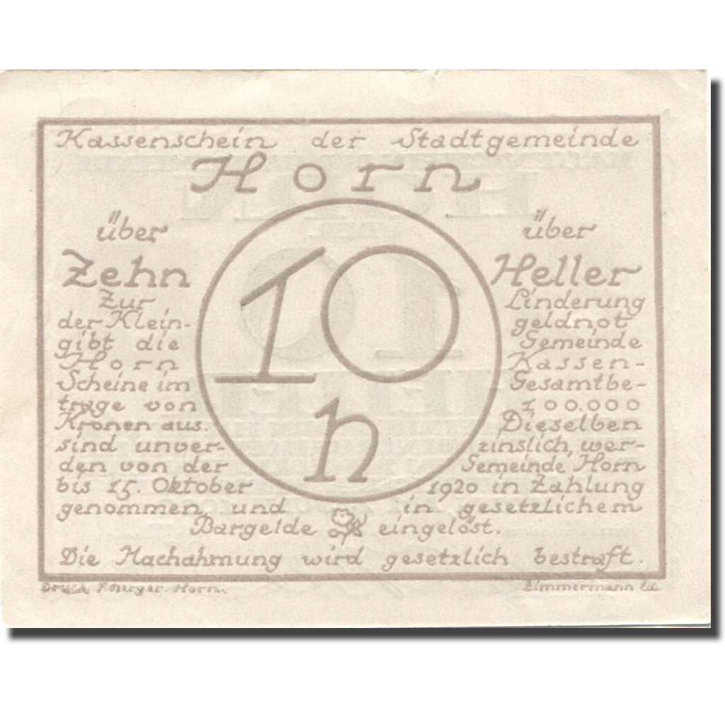 Banknote, Austria, Horn, 10 Heller, Blason 1920-06-04, UNC(63), Mehl:FS 397IIa