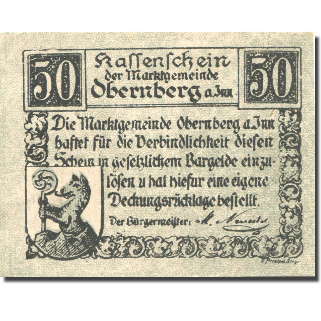 Banknote, Austria, Obernberg, 50 Heller, village, 1920 UNC(63) Mehl:FS 686Ia
