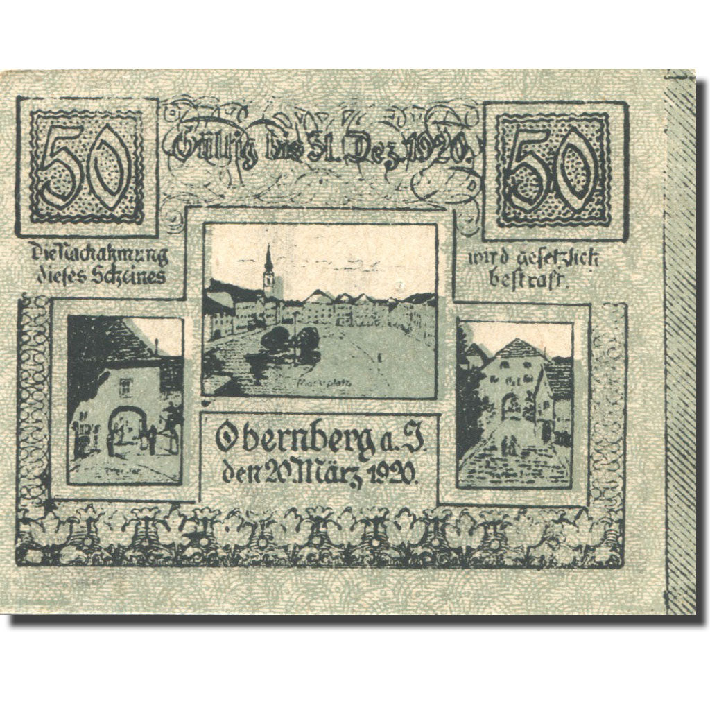Banknote, Austria, Obernberg, 50 Heller, village, 1920 UNC(63) Mehl:FS 686Ia