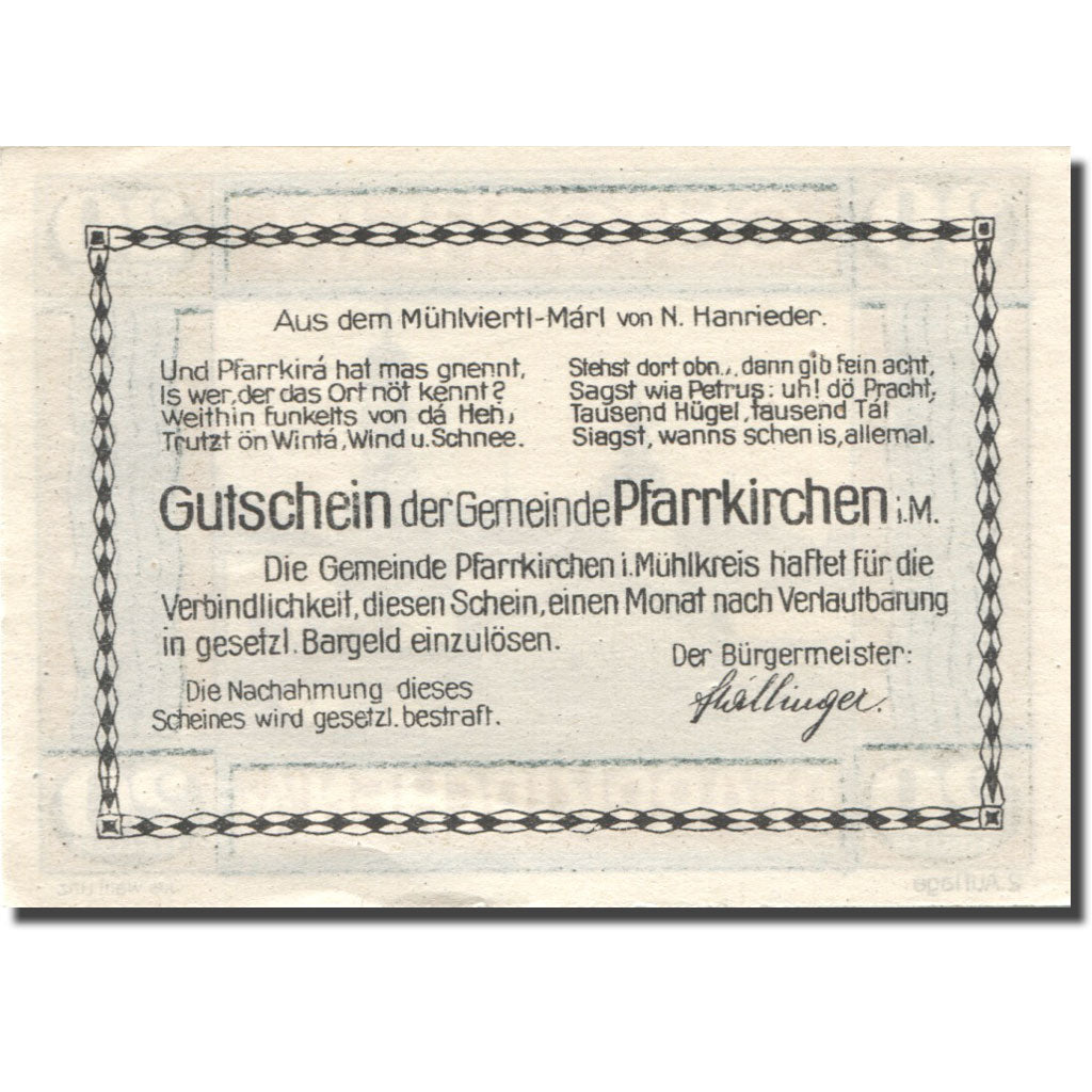 Billet, Autriche, Pfarrkirchen im Muhlkreis 20 Heller Eglise SPL Mehl:FS 744IIc