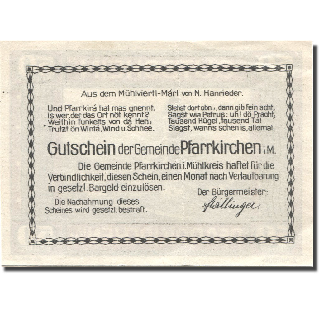 Banknote, Austria, Pfarrkirchen im Muhlkreis, 50Heller Eglise UNC(63) FS 744IIe