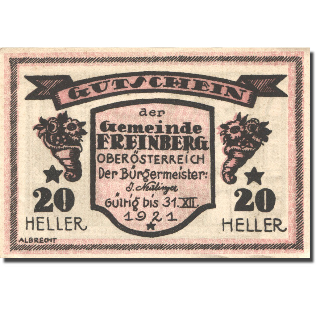 Banconote, Austria, Freinberg, 20 Heller, personnage, 1921 SPL Mehl:FS 211IIa