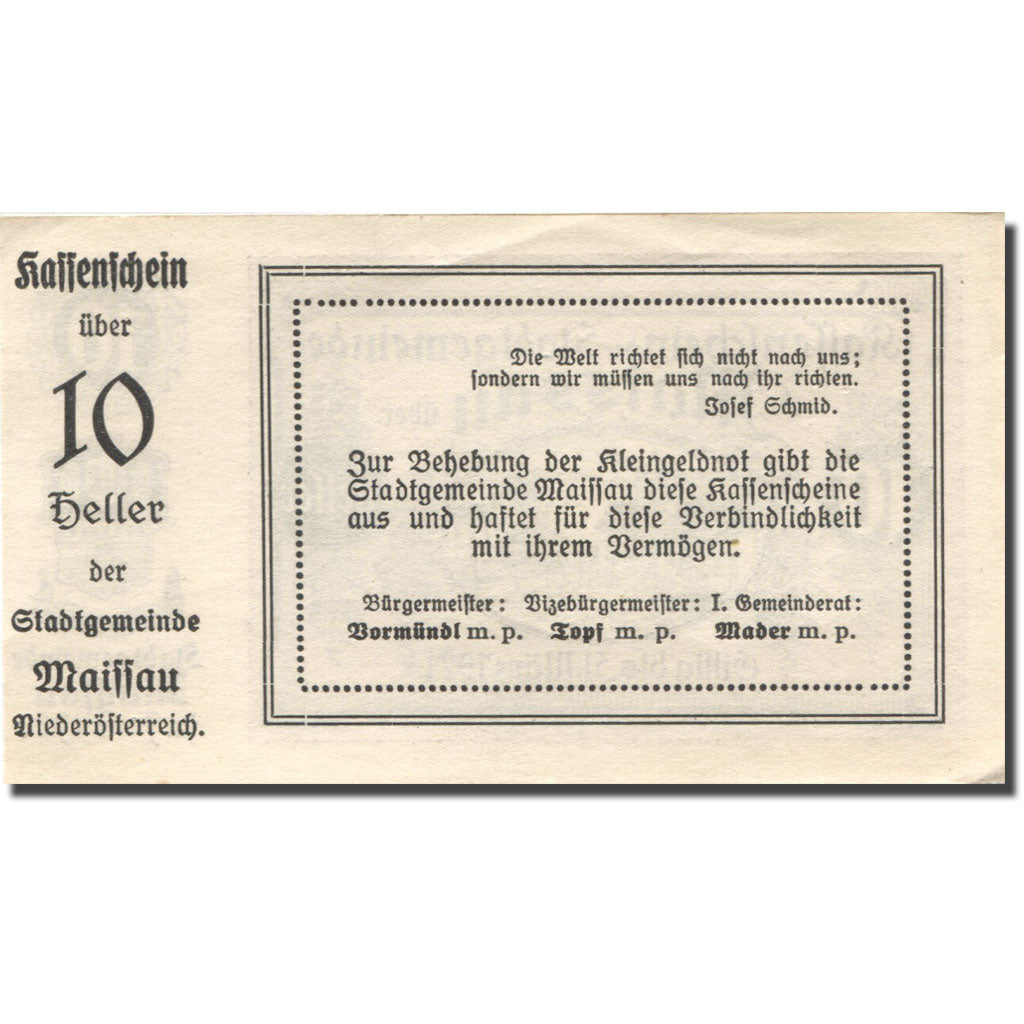 Banconote, Austria, Maissau, 10 Heller, village 1921-03-31, SPL Mehl:FS 573g
