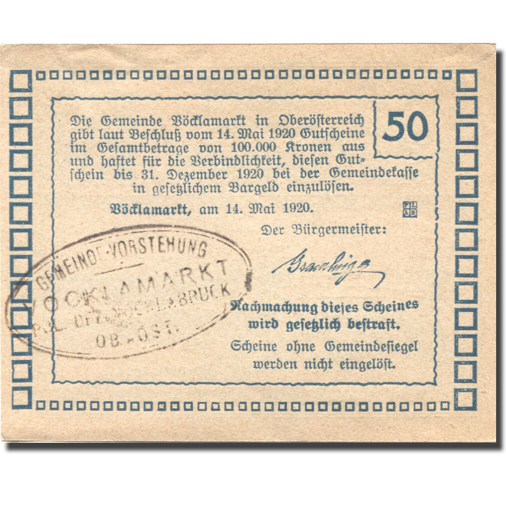 Banconote, Austria, Vöcklamarkt, 50 Heller, paysage, 1920 SPL Mehl:FS 1117IIa