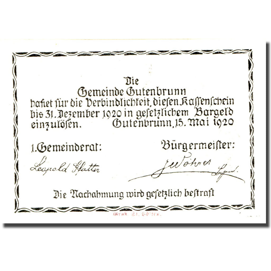 Banknote, Austria, Gutenbrunn, 50 Heller, château, 1920 UNC(63) Mehl:FS 316