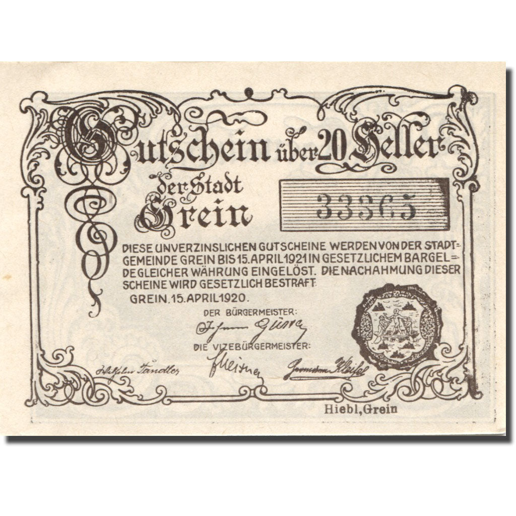 Banknote, Austria, Grein, 20 Heller, paysage 1920-04-15, UNC(63), Mehl:FS 276IIb
