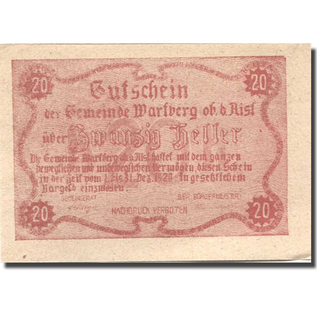 Banknote, Austria, Wartberg 20 Heller paysage 1920 UNC(63) Mehl:FS 1142a