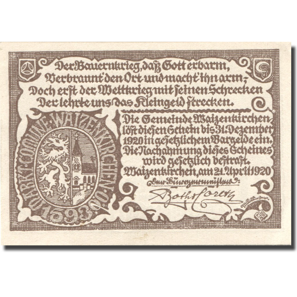 Banknote, Austria, Waizenkirchen, 10 Heller, château, 1920 UNC(63) Mehl:FS 1128a