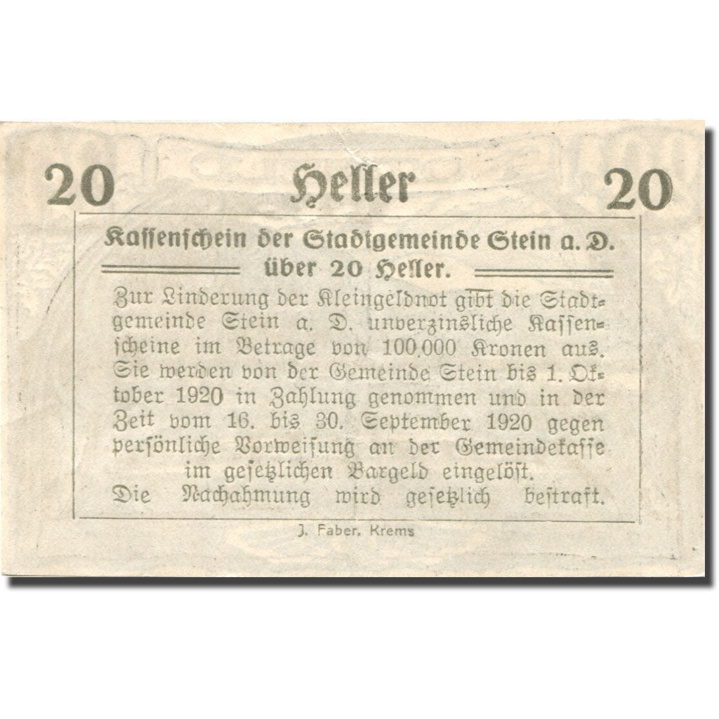Banknote Austria Stein a/d Donau 20 Heller paysage 1920 UNC(63) Mehl:FS 1015I.3