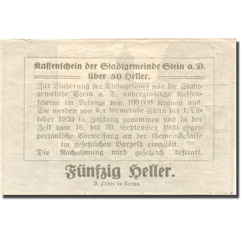 Banknote, Austria, Stein a/d Donau, 50 Heller, Eglise, 1920 SPL Mehl:FS 1015I.3