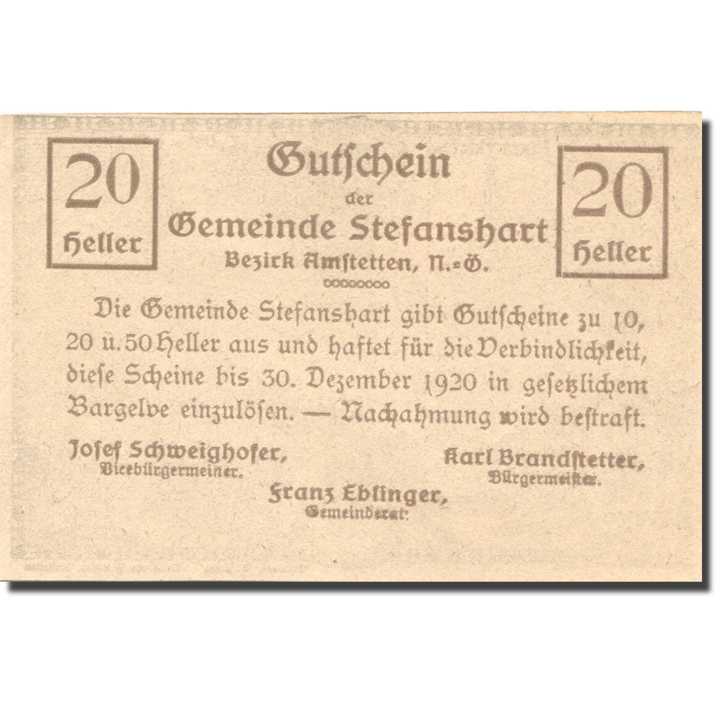Banconote, Austria, Stefanshart, 20 Heller, Monument, 1920 SPL Mehl:FS 1013e