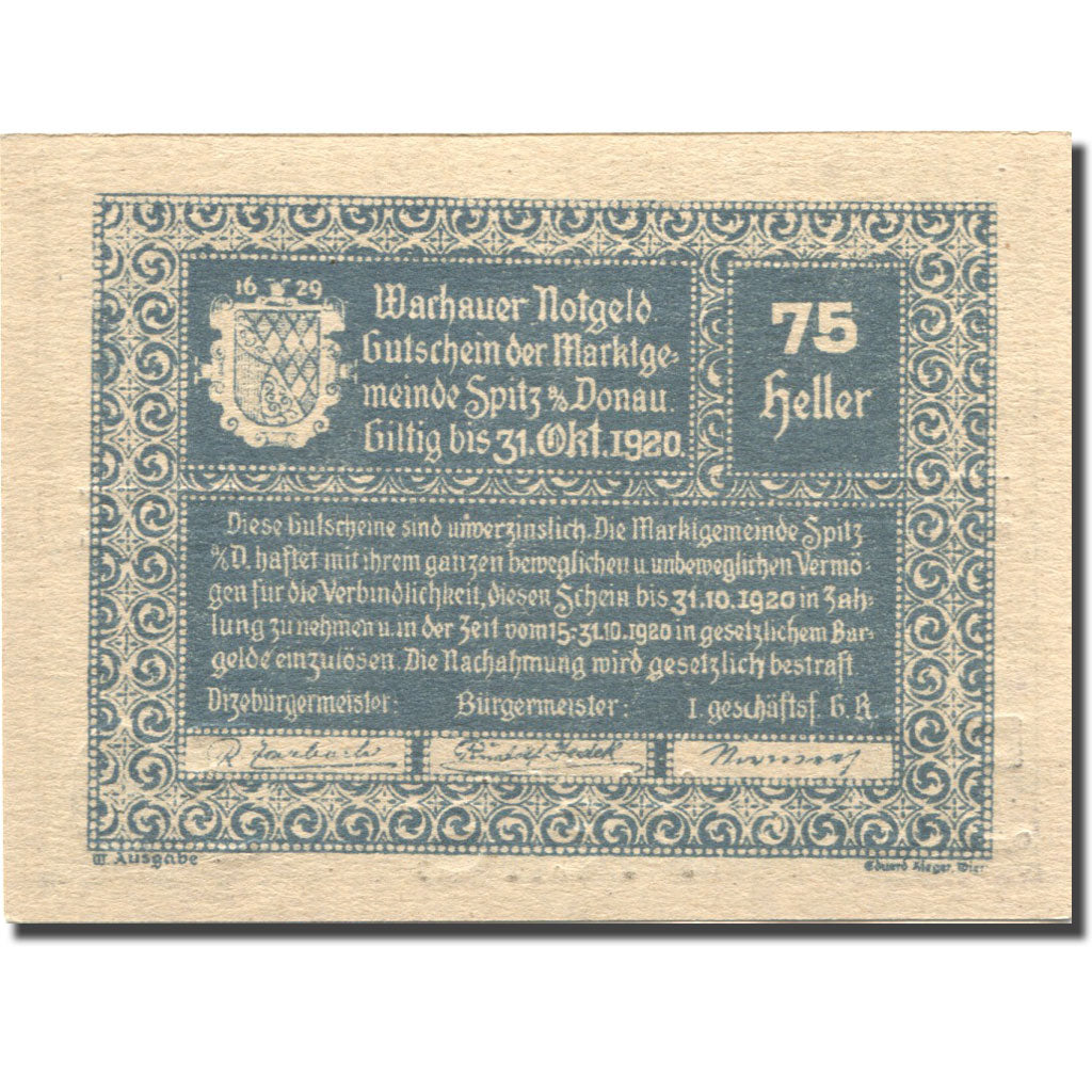 Banknote, Austria, Spitz a/d Donau, 50 Heller, château, 1920 UNC(63) Mehl:FS 376