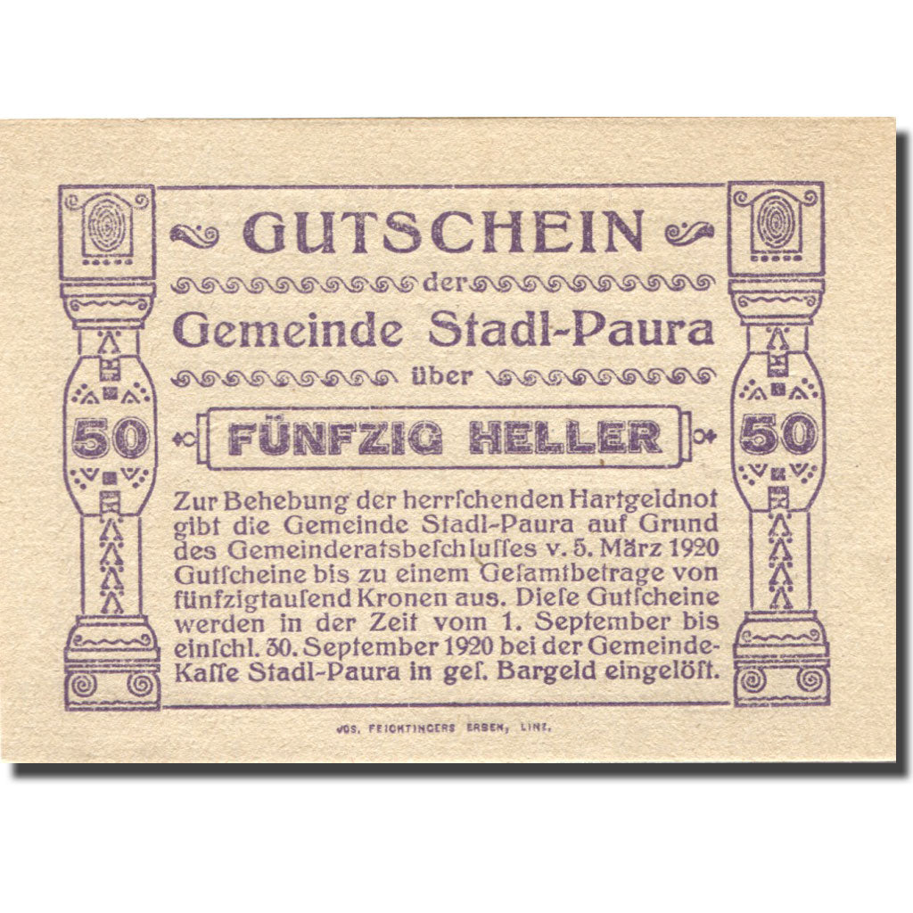 Banknote, Austria, Paura, 50 Heller, valeur faciale, 1920 UNC(63) Mehl:FS 1008Ia