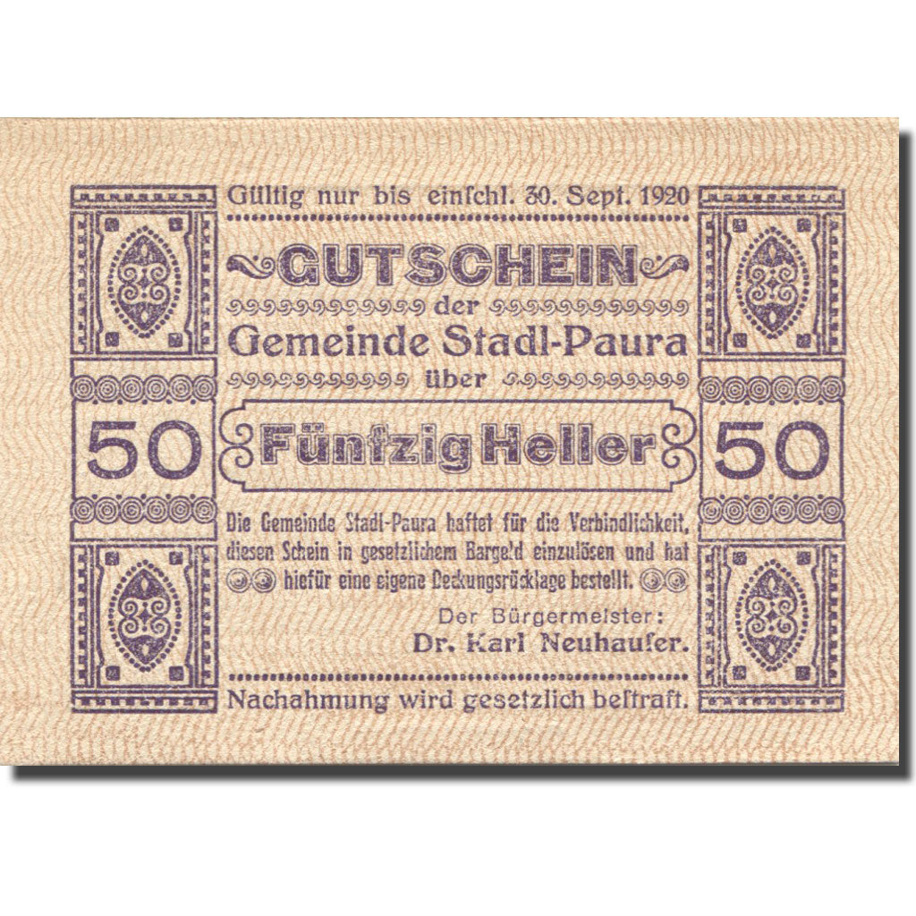 Banknote, Austria, Paura, 50 Heller, valeur faciale, 1920 UNC(63) Mehl:FS 1008Ia