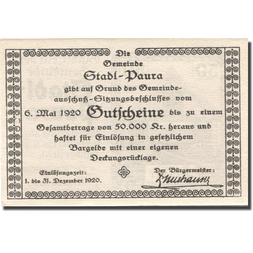 Billet, Autriche, Paura, 50 Heller, bateau 1920-12-31, SPL Mehl:FS 1008IIa