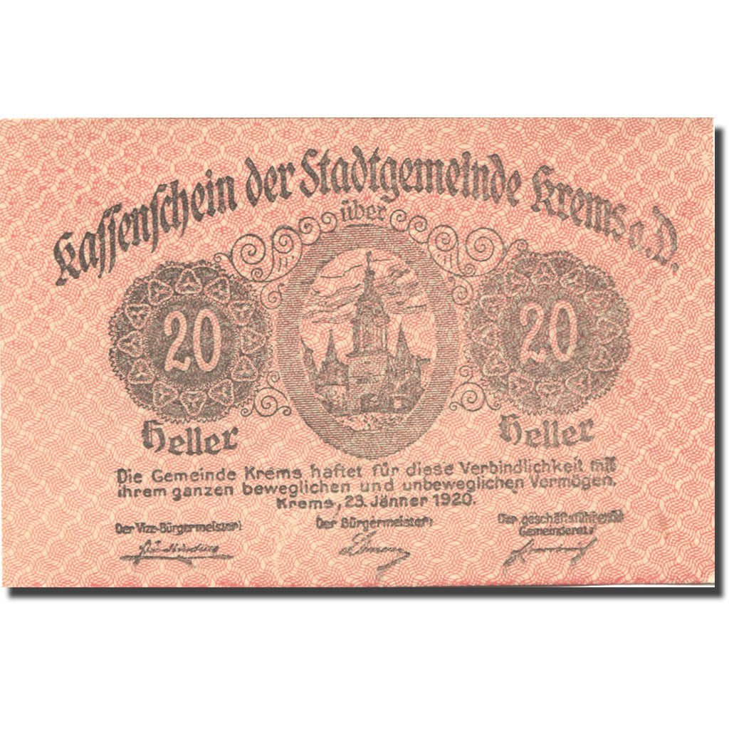 Banknote, Austria, Krems, 20 Heller, château, 1920 UNC(63) Mehl:FS 472II