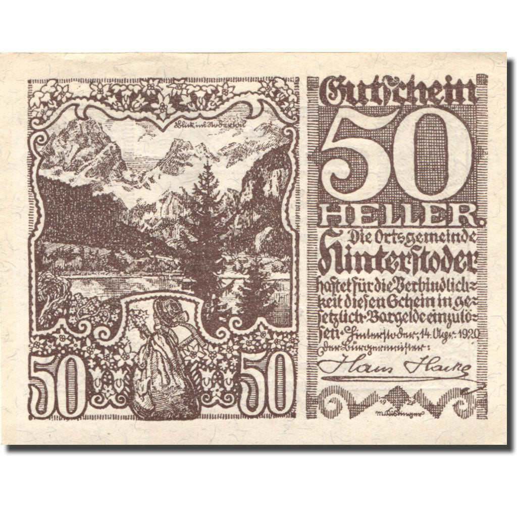 Nota, Áustria, Hinterstoder, 50 Heller, Forêt, 1920 UNC(63) Mehl:FS 377d