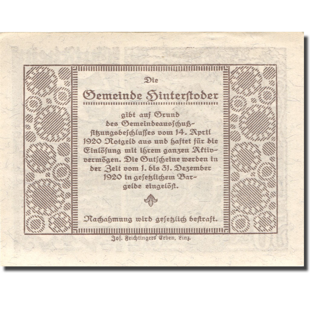 Nota, Áustria, Hinterstoder, 50 Heller, Forêt, 1920 UNC(63) Mehl:FS 377d