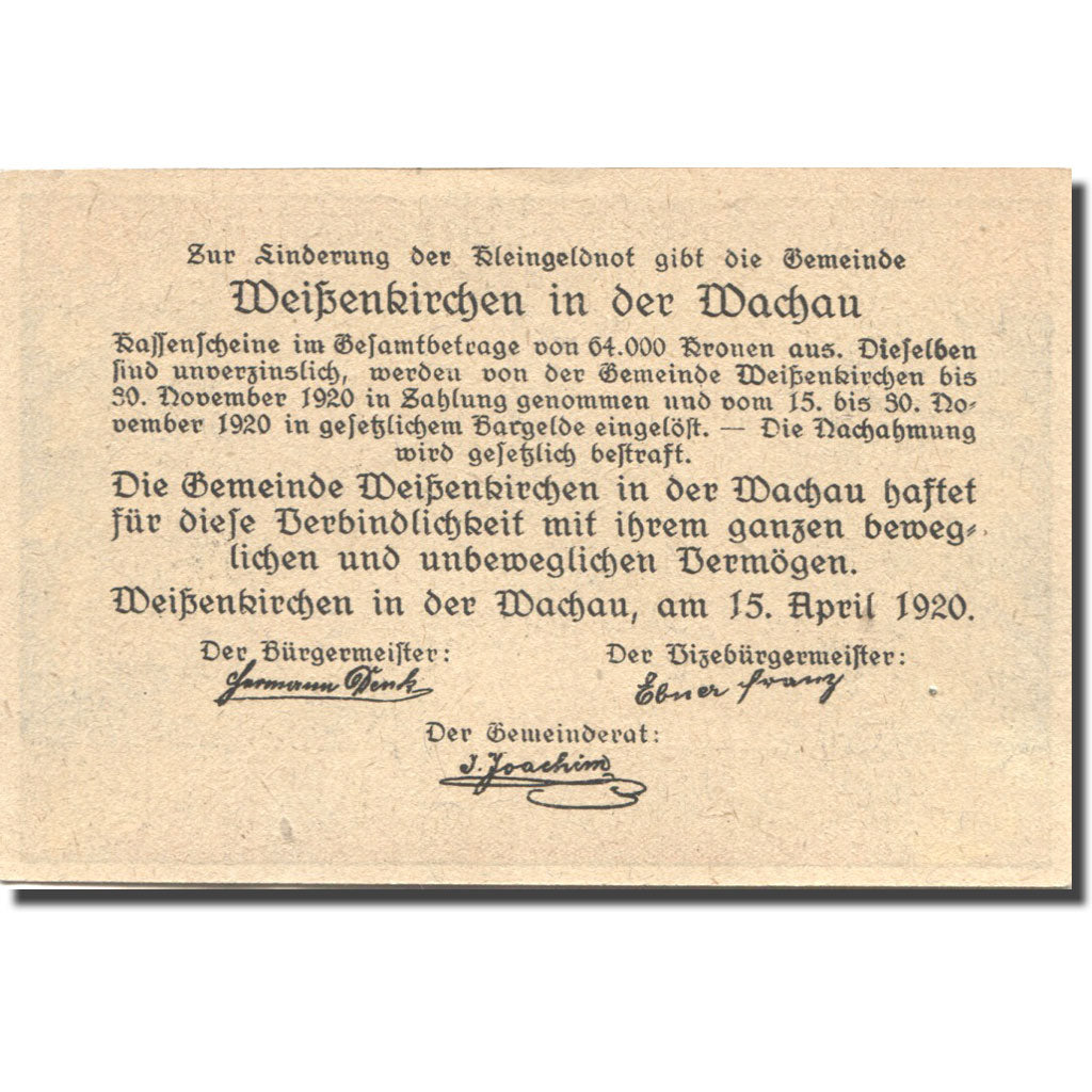 Banknote, Austria, Weissenkirchen 20Heller, chemin 1920 UNC(63) Mehl:FS 1158III