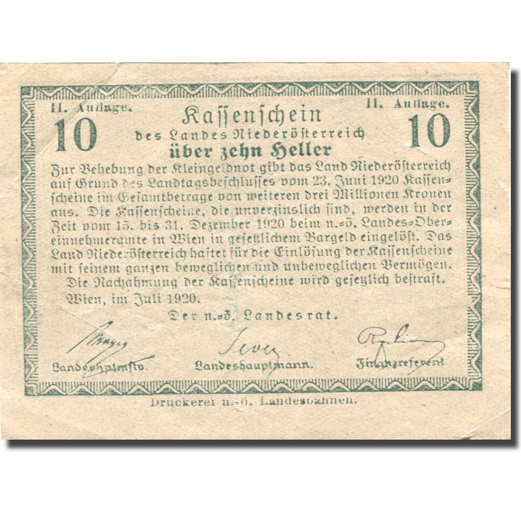Banknote, Austria, Niederösterreich, 10 Heller 1920, UNC(63) Mehl:FS 671IIa