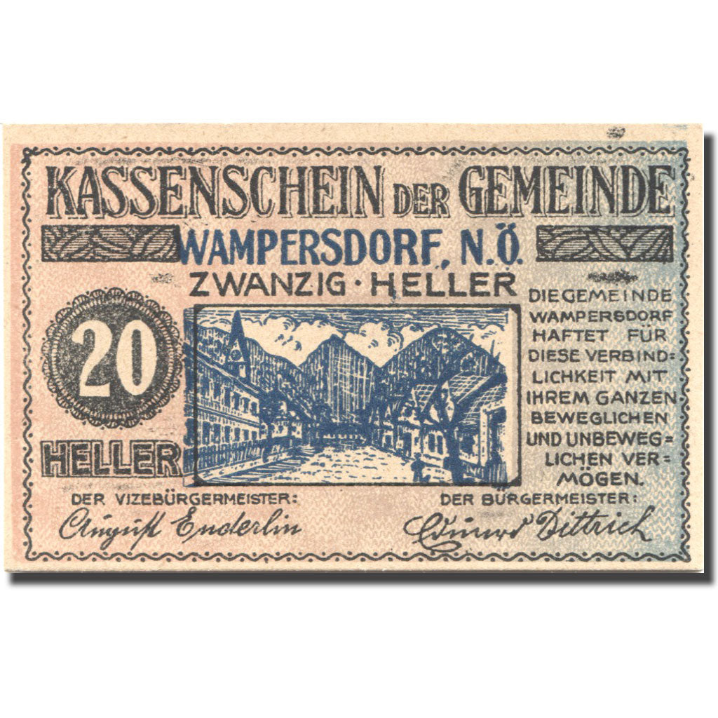 Billet, Autriche, Wampersdorf, 20 Heller, village, 1920 SPL Mehl:FS 1138a