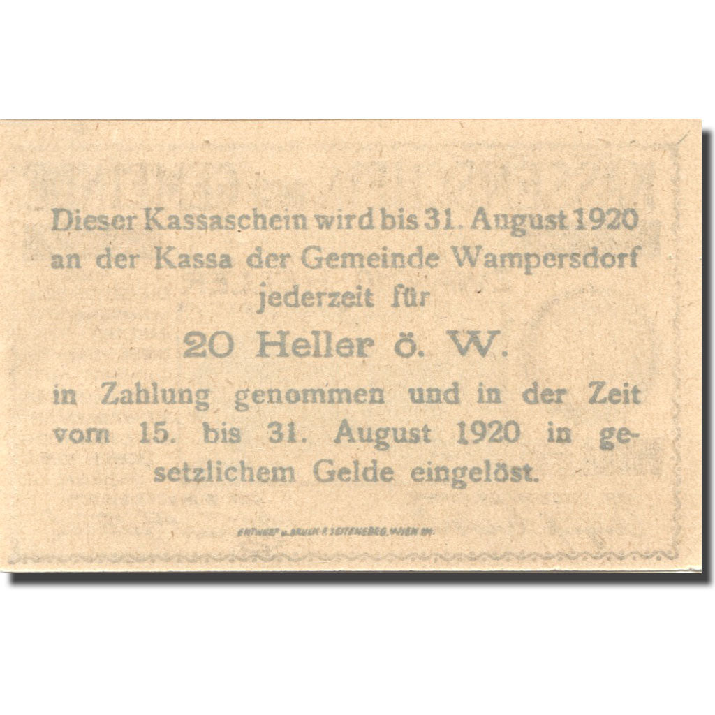Billet, Autriche, Wampersdorf, 20 Heller, village, 1920 SPL Mehl:FS 1138a