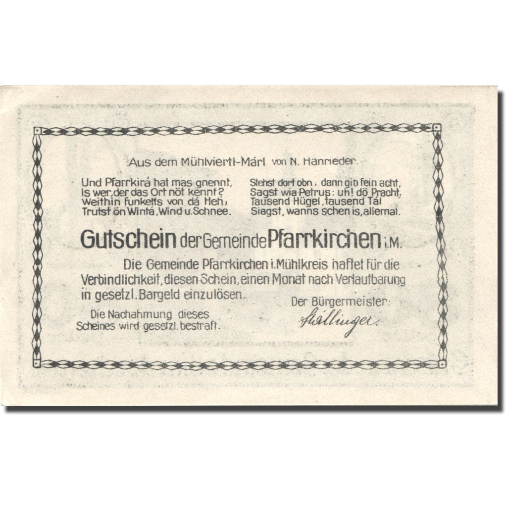 Banknote, Austria, Pfarrkirchen 80 Heller, village, UNC(63) Mehl:FS 744IIIb