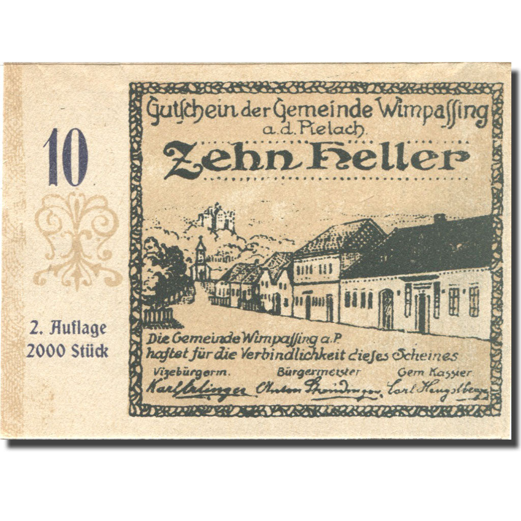 Banknote, Austria, Wimpassing, 10 Heller, village, 1920 UNC(63) Mehl:FS 1238Ia