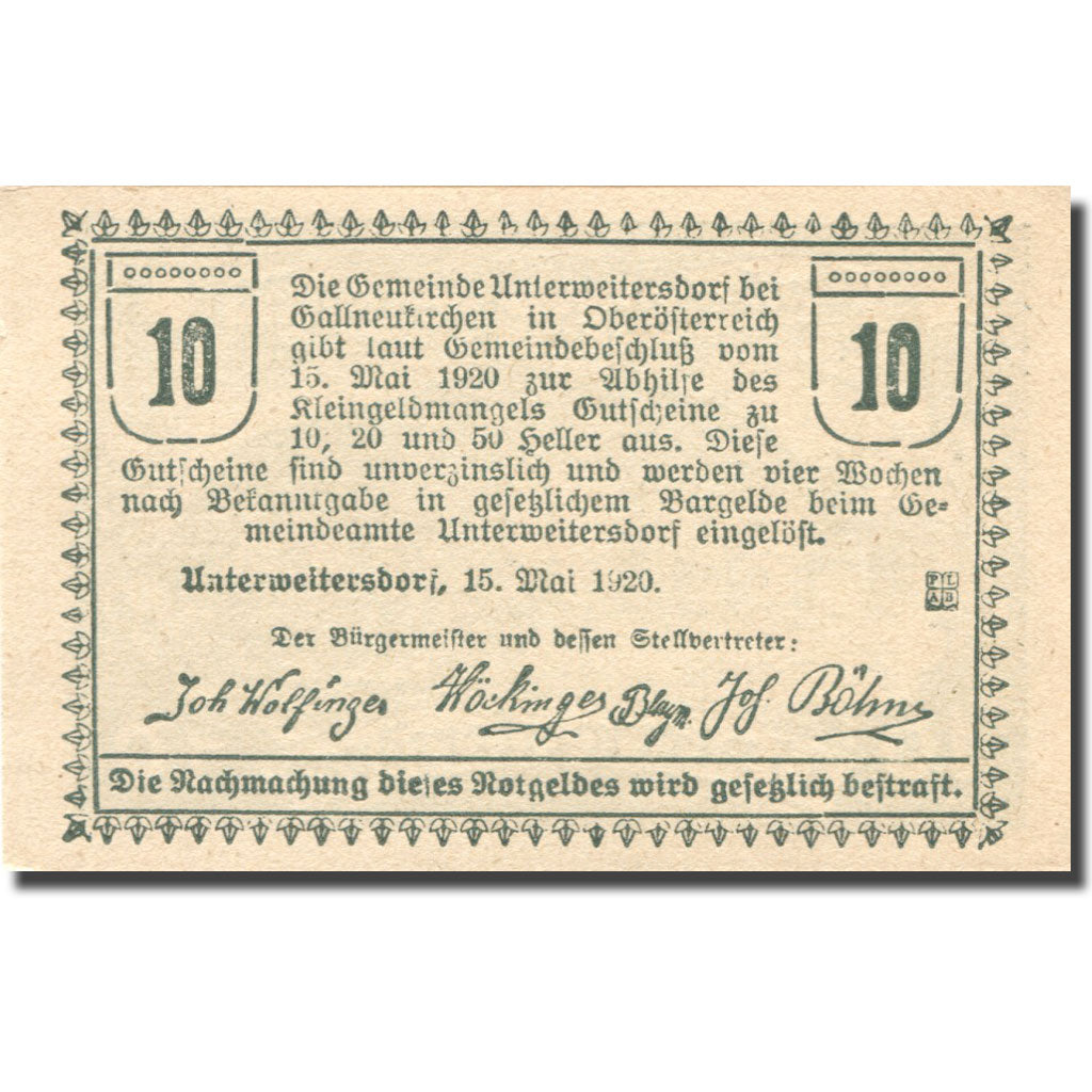 Banknote, Austria, Unterweitersdorf 10 Heller, ferme, 1920, UNC(63) Mehl:FS 1102