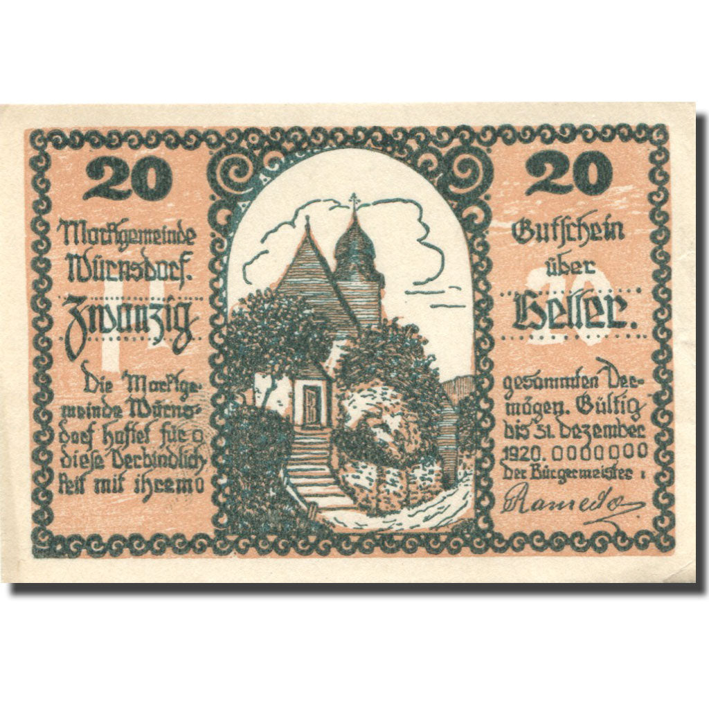 Banknote, Austria, Würnsdorf, 20 Heller, Eglise, 1920 UNC(63) Mehl:FS 1257IIa
