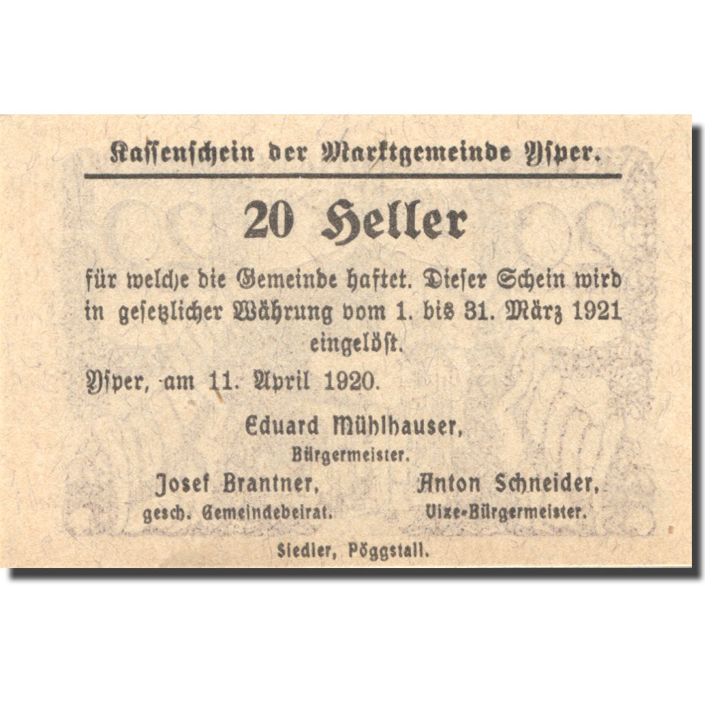 Banknote, Austria, Ysper, 20 Heller, village 1921-03-31, UNC(63), Mehl:FS 1261a