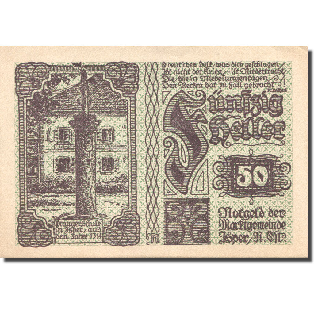 Banknote, Austria, Ysper, 50 Heller, Monument, 1920 UNC(63) Mehl:FS 1261a