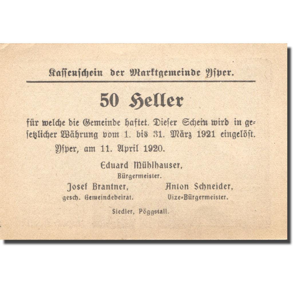 Banknote, Austria, Ysper, 50 Heller, Monument, 1920 UNC(63) Mehl:FS 1261a