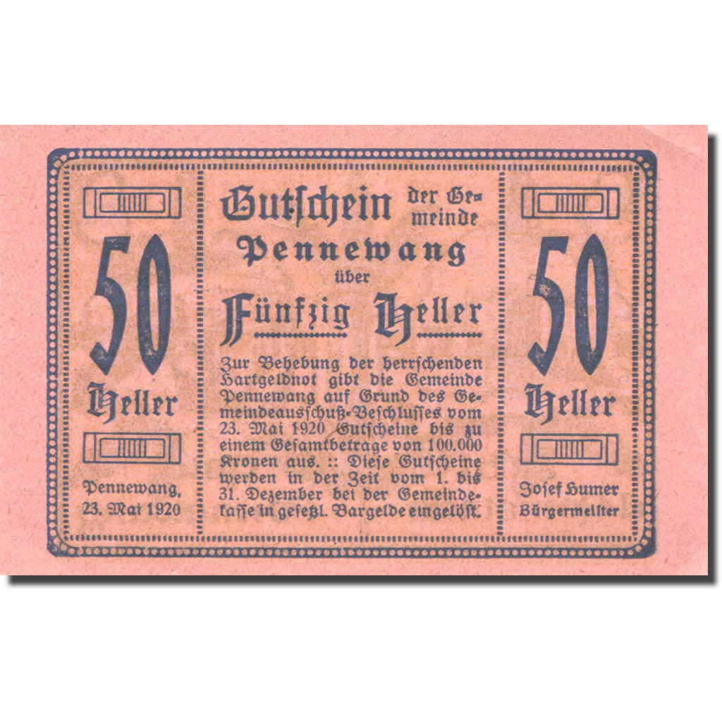 Banknote, Austria, Pennewang, 50 Heller, épis, 1920 UNC(63) Mehl:FS 727d