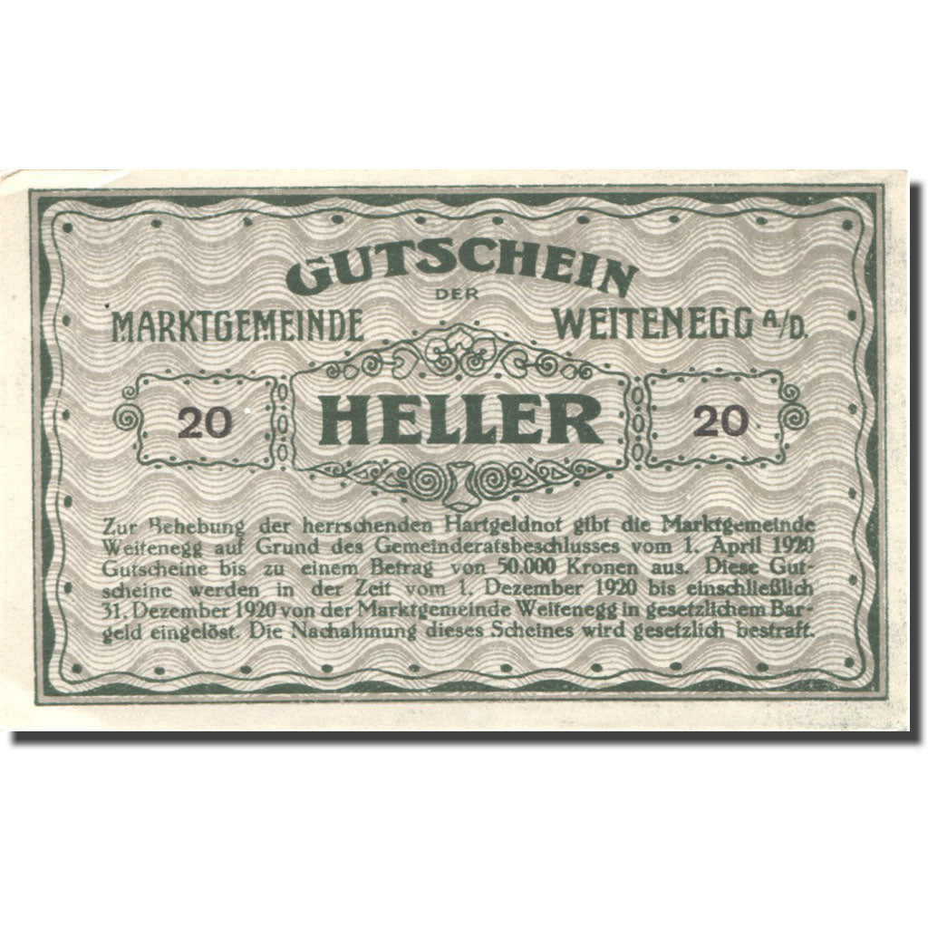 Banknote, Austria, Weitenegg 20 Heller, château, 1920 UNC(63) Mehl:FS 1163a