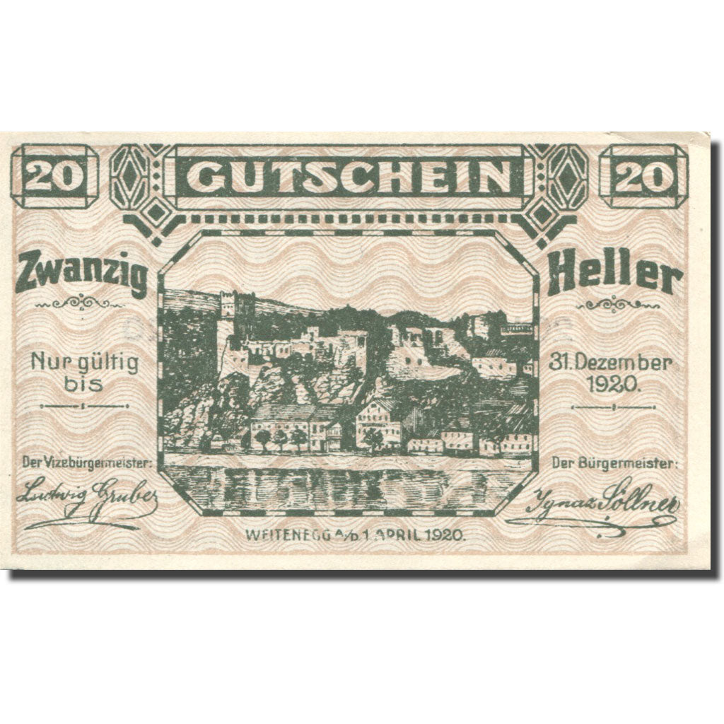 Banknote, Austria, Weitenegg 20 Heller, château, 1920 UNC(63) Mehl:FS 1163a