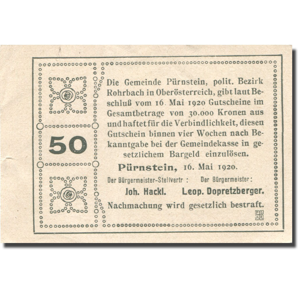 Banknote, Austria, Pürnstein, 50 Heller, Eglise 1920-05-16, UNC(63) Mehl:FS 802a