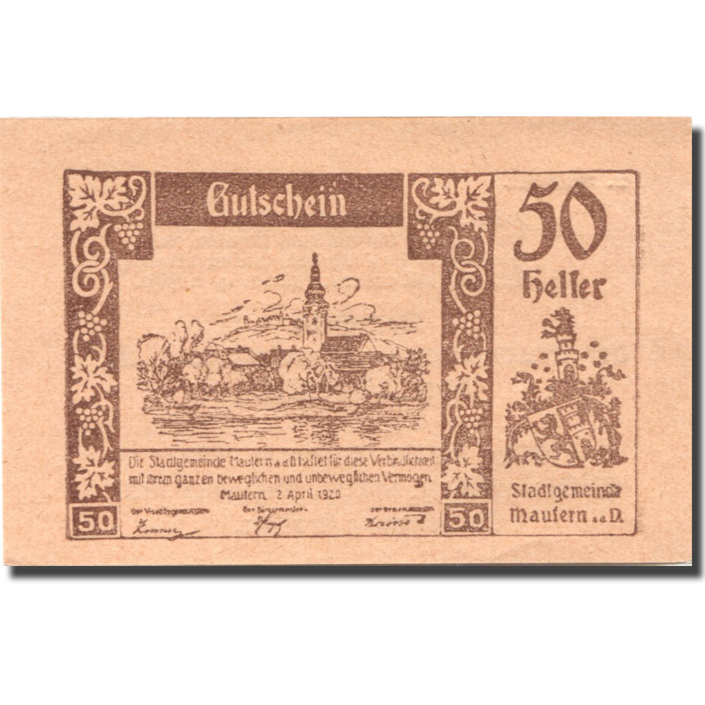 Banknote, Austria, Mautern, 50 Heller, village 1920 UNC(63) Mehl:FS 600IId1