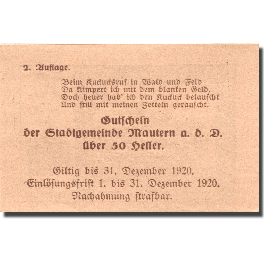 Banknote, Austria, Mautern, 50 Heller, village 1920 UNC(63) Mehl:FS 600IId1