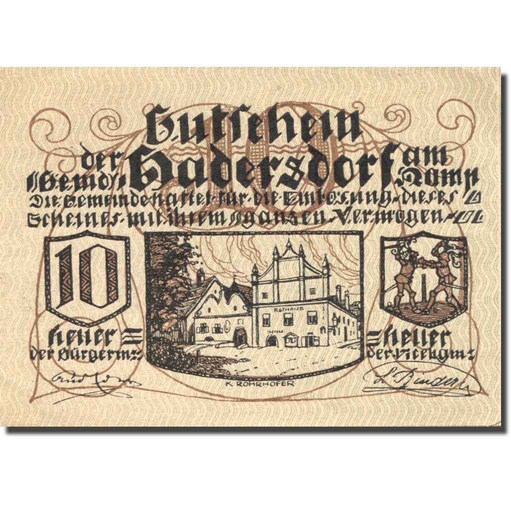 Banknote, Austria, Hadersdorf, 10 Heller, mairie, 1920 UNC(63) Mehl:FS 324b
