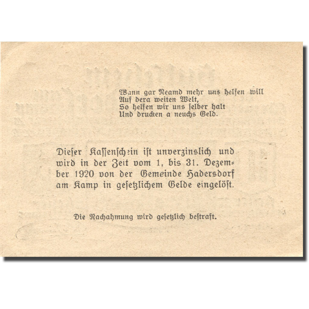 Banknote, Austria, Hadersdorf, 10 Heller, mairie, 1920 UNC(63) Mehl:FS 324b