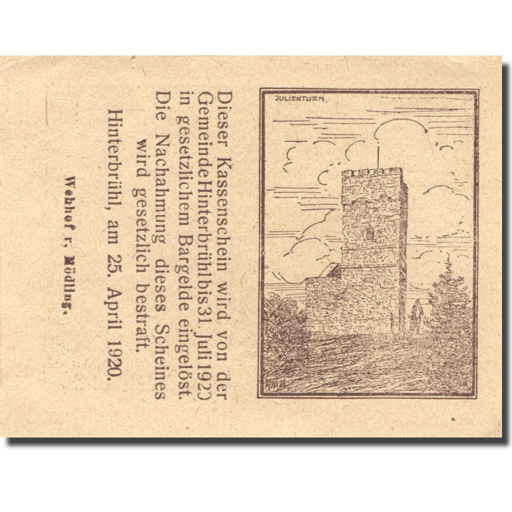Banknote, Austria, Hinterbrühl, 10 Heller, paysage, 1920 UNC(63) Mehl:FS 376Ib1