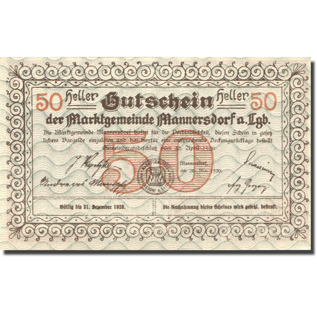 Banknote, Austria, Mannersdorf, 50 Heller, paysage, 1920, UNC(63), Mehl:FS 577a