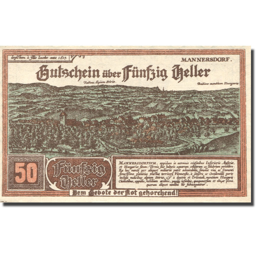 Banknote, Austria, Mannersdorf, 50 Heller, paysage, 1920, UNC(63), Mehl:FS 577a