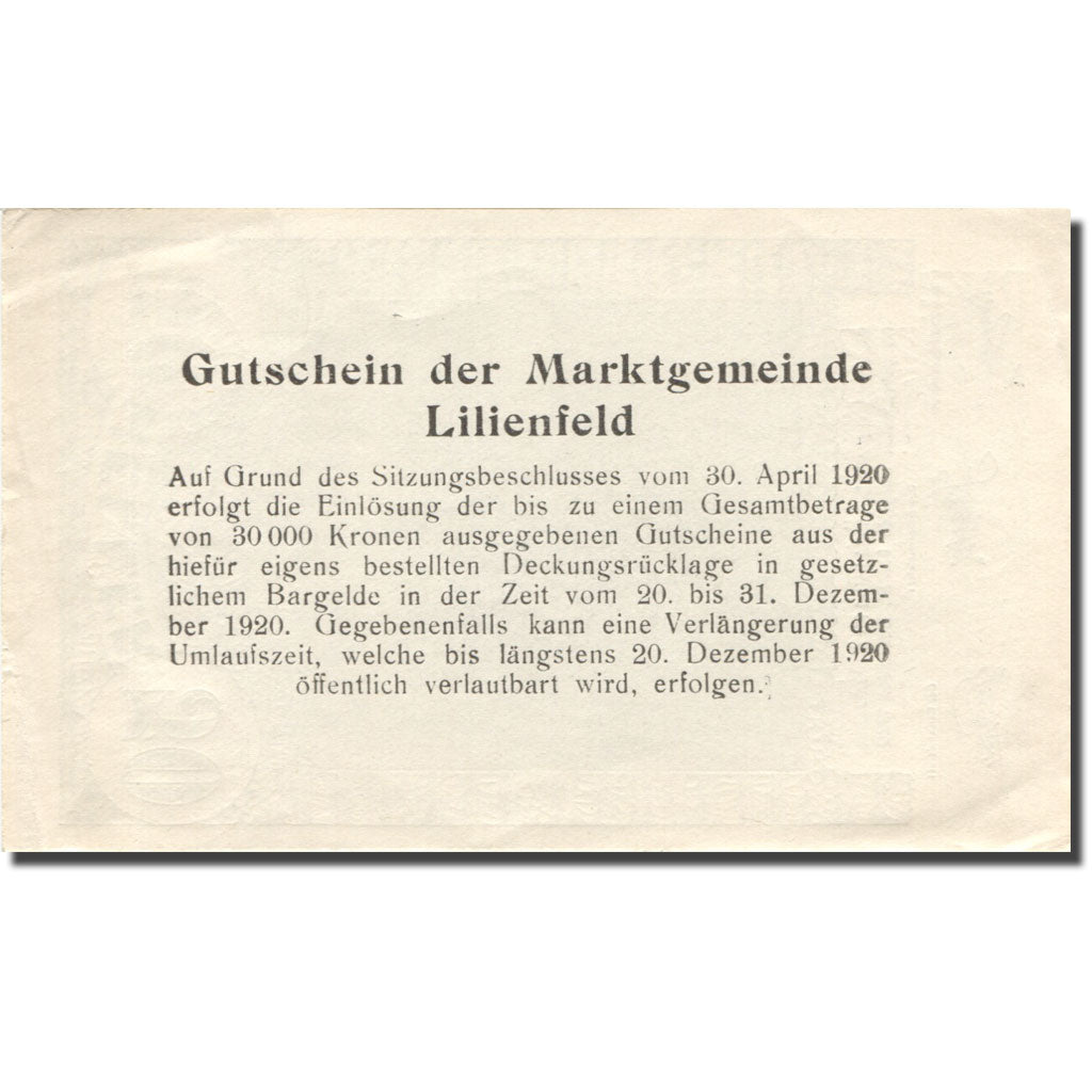 Banknote, Austria, Lilienfeld, 50 Heller, paysage, 1920 UNC(63) Mehl:FS 523IaB