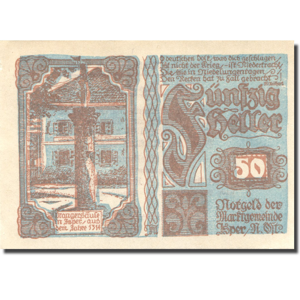 Banknote, Austria, Ysper, 50 Heller, Monument, 1921 UNC(60-62) Mehl:FS 1261b