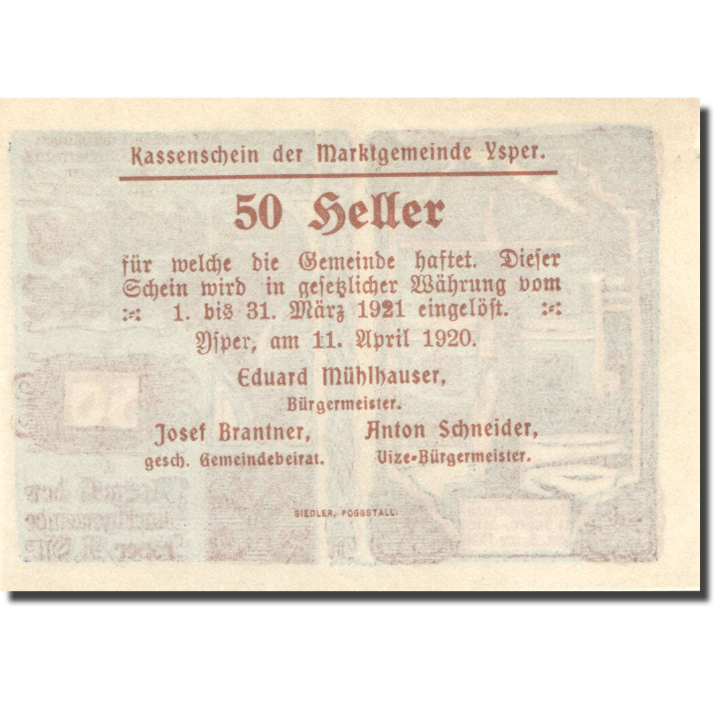 Banknote, Austria, Ysper, 50 Heller, Monument, 1921 UNC(60-62) Mehl:FS 1261b