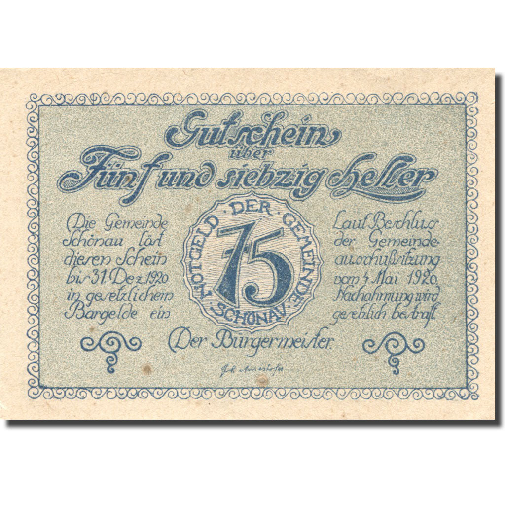 Banknote, Austria, Schonau, 75 Heller, Eglise, 1920 AU(55-58) Mehl:FS 967b