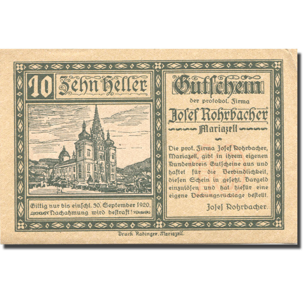 Banknote, Austria, Rohrbach, 10 Heller, château, 1920 UNC(63) Mehl:FS 591a